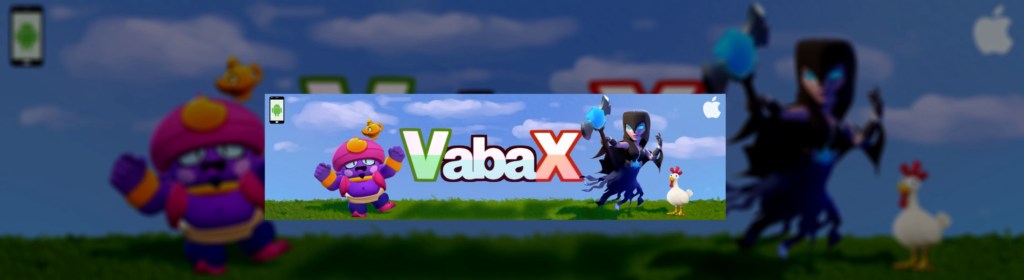 Dei personaggi dei videogiochi posano su un prato verde e un cielo azzurro, al centro la scritta Vabax variopinta