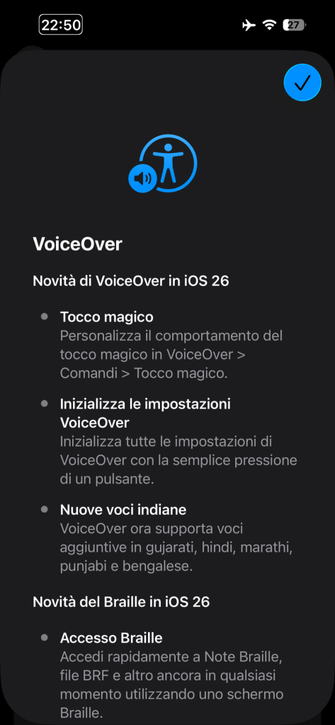 Screenshot che mostra la sezione novità di VoiceOver nell'app Impostazioni di iPhone. Immagine 1 di 3