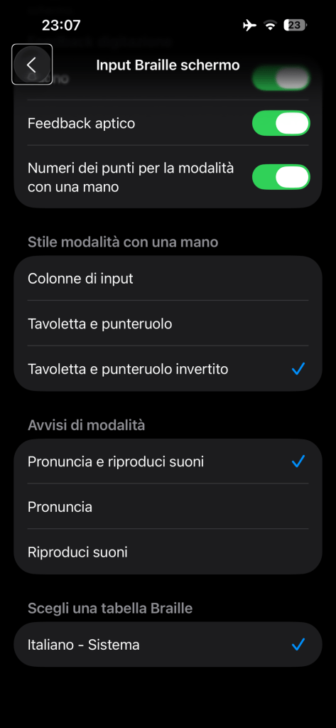 Screenshot che mostra la schermata delle impostazioni di Input Braille Schermo, visualizzando le nuove opzioni per la digitazione con una mano